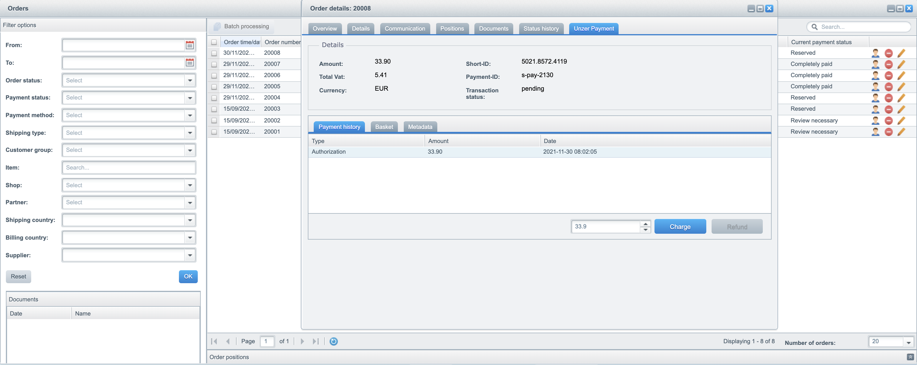 Order details tab Unzer Payment