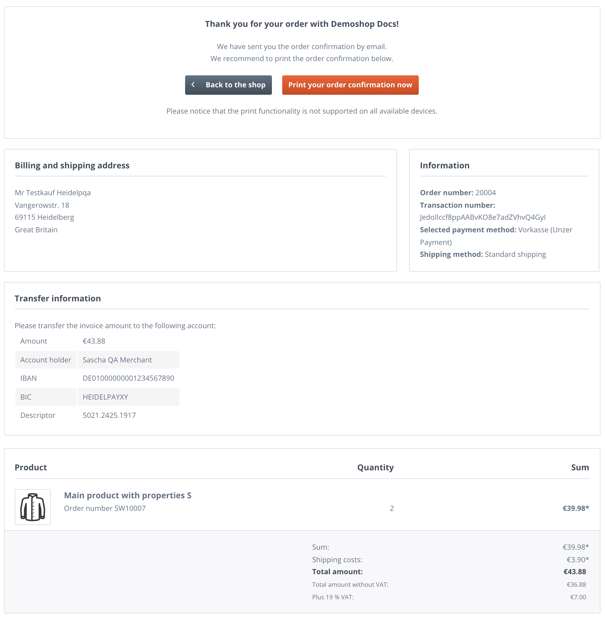 Shopware checkout success page