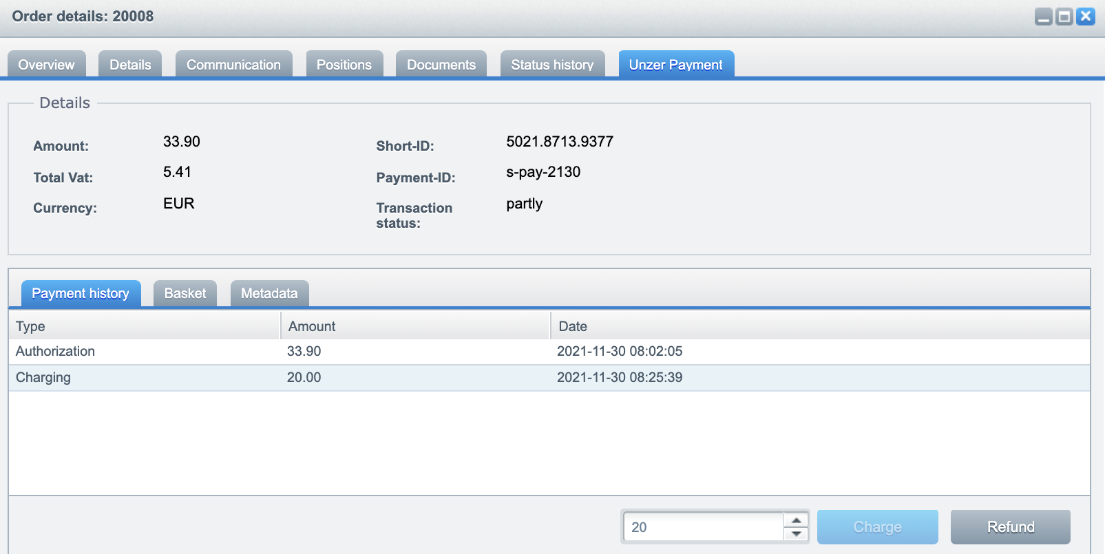 Order details Unzer Payment tab reversal