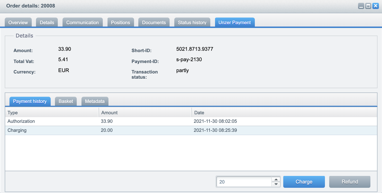 Order details Unzer Payment tab