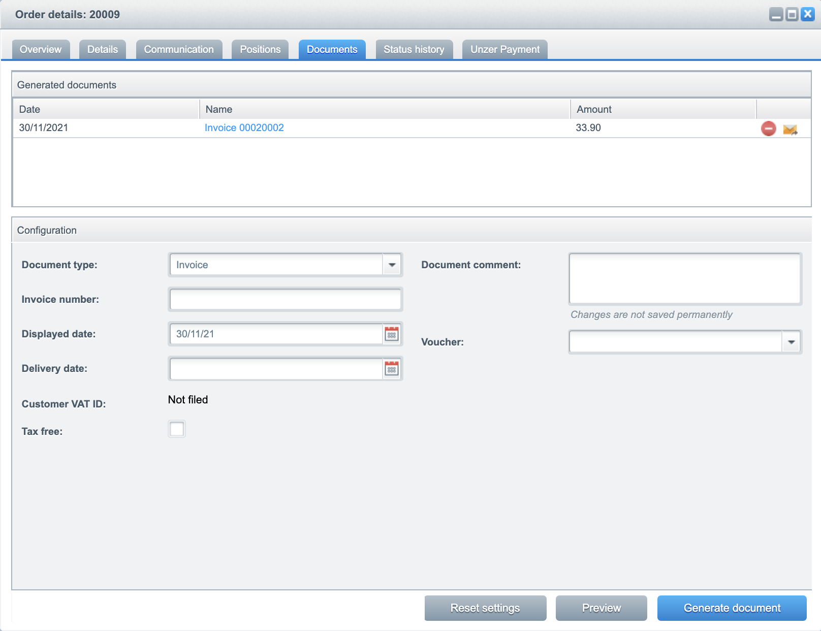 Oder details documents tab