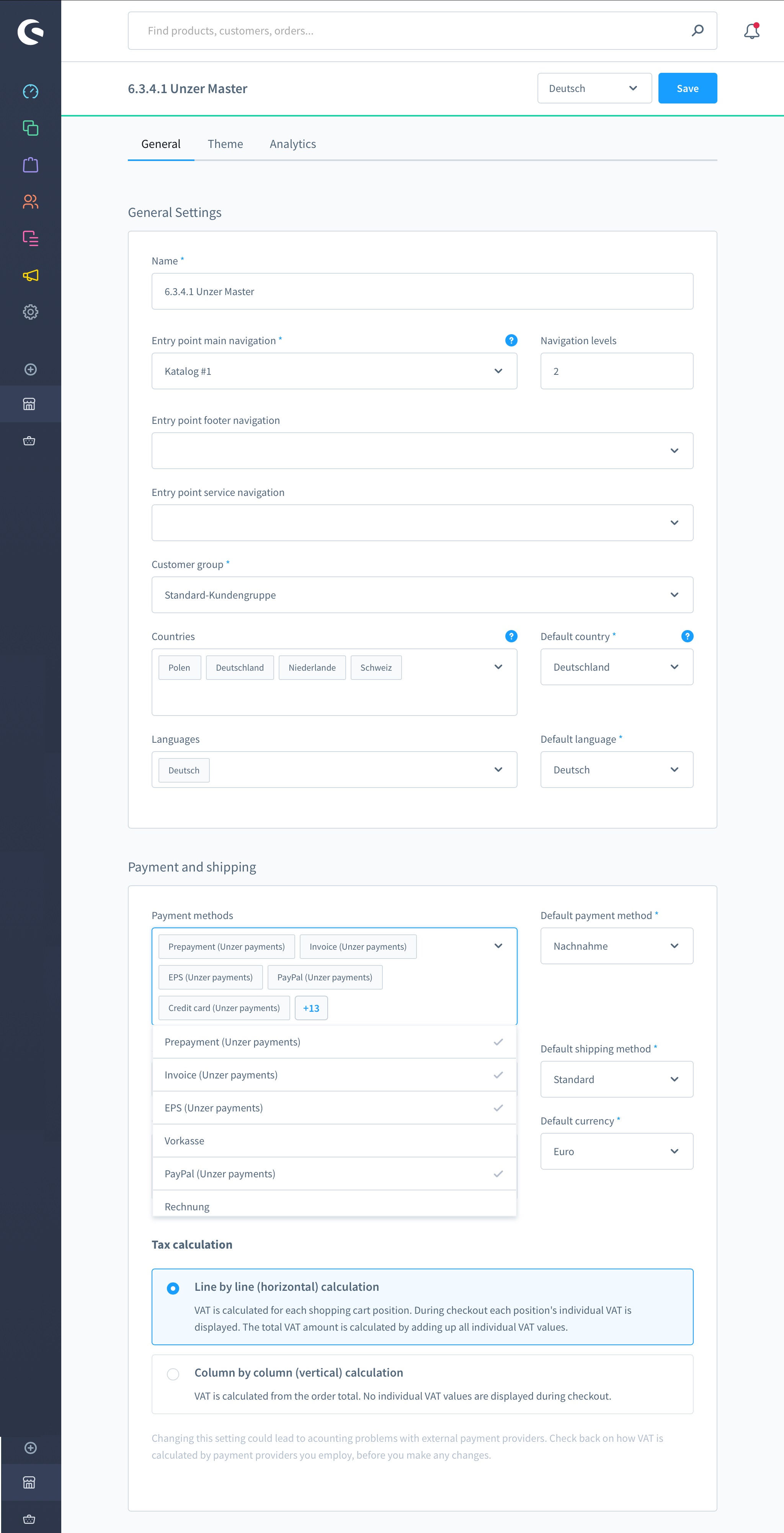 Sales channel configuration